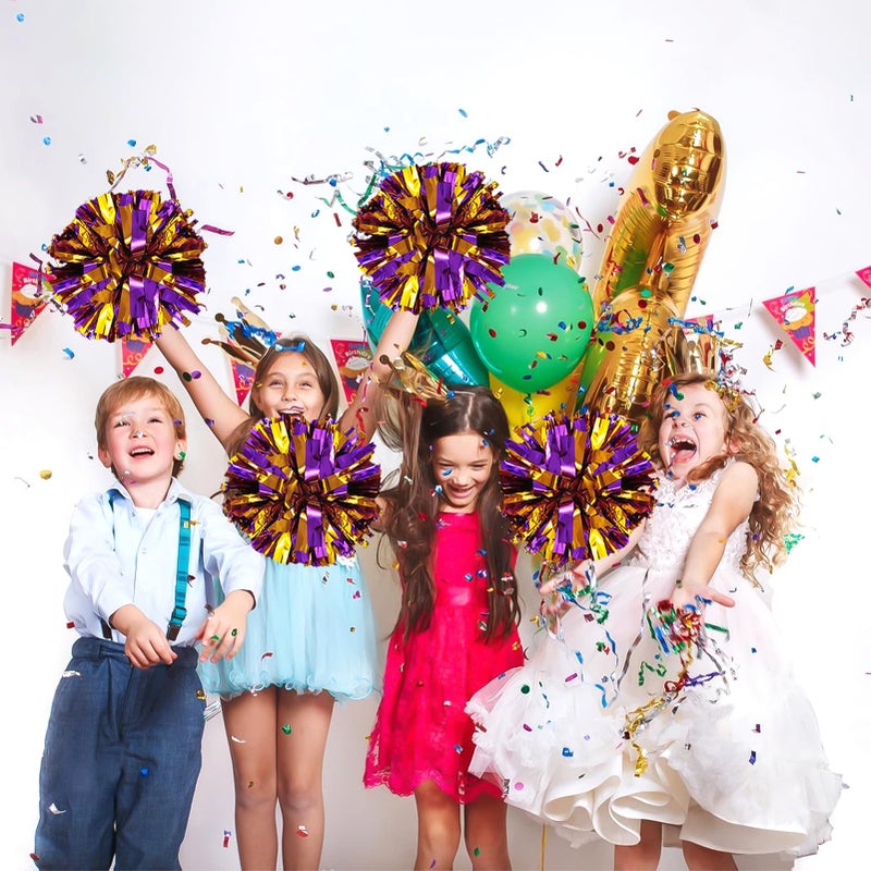 CREATIEE-PRO 4Pcs Metallic Cheerleading Pom Poms, Creatiee 2 Pair Cheerleader Cheering Squad Pompoms for School Sports Dance Games Team Spirit Cheer (Purple-Gold) - Image 4